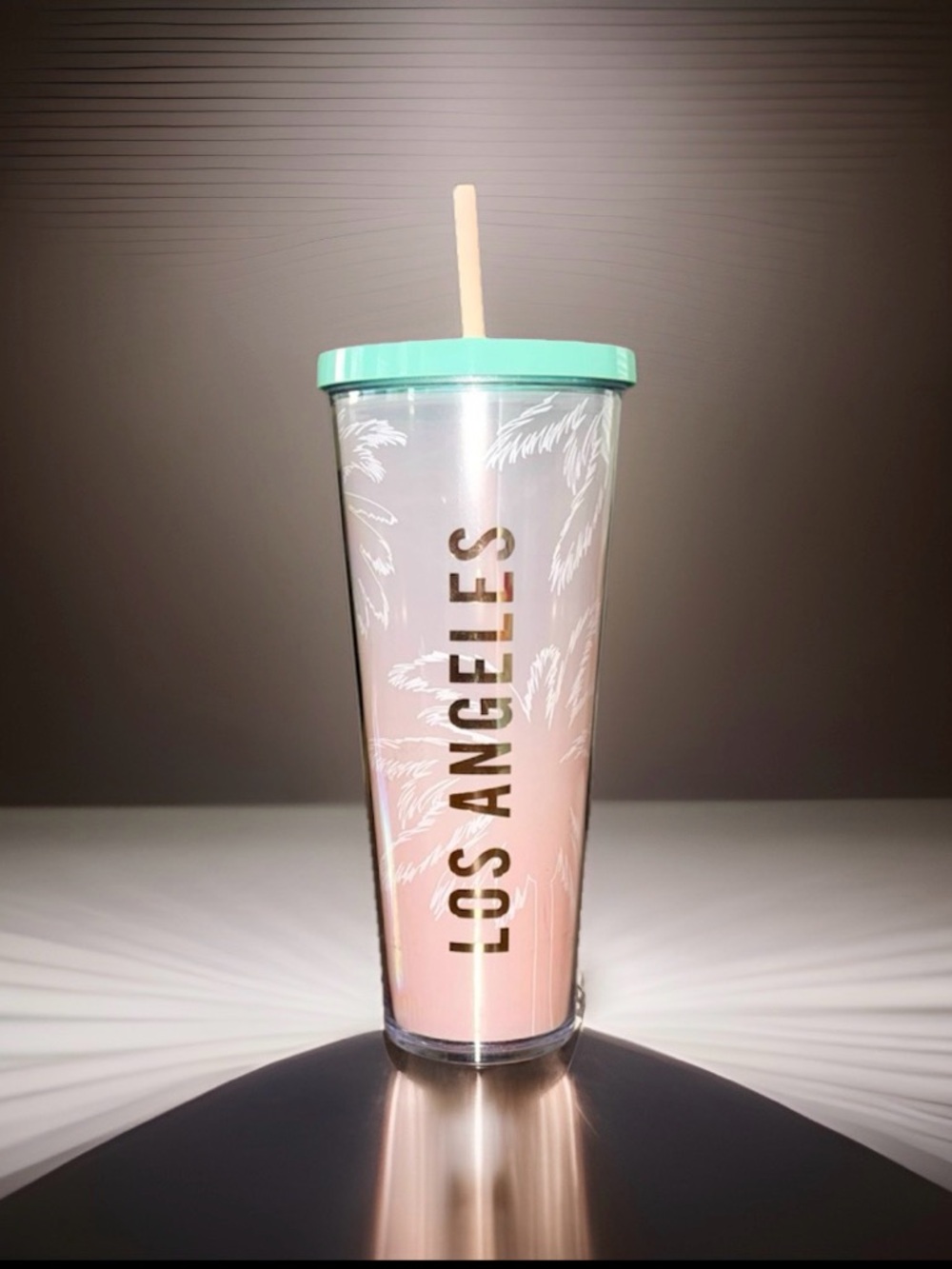 Starbucks Los Angeles Pink Ombre Palm Tree Tumbler 24oz Cup Straw Lid EUC